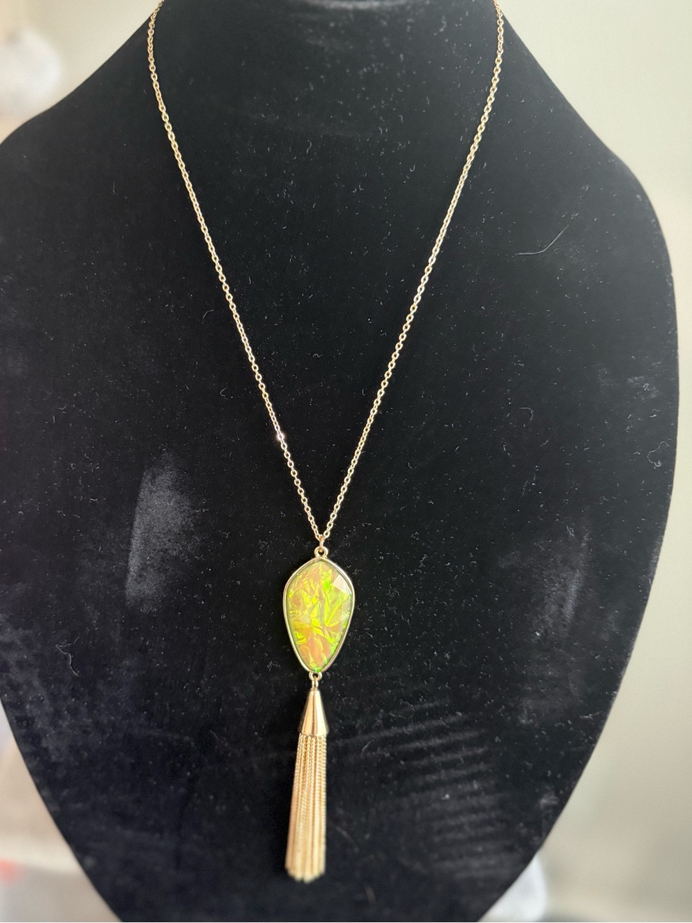 Gold Tassel Pendant Necklace with Iridescent Green Stone